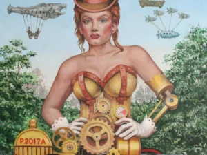 Oil painting with a central woman in a mechanical corset and hat