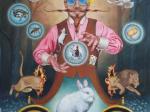 Oil painting with a central bearded man wearing round colored glasses