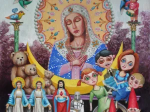 Oil painting with a central haloed female figure surrounded by pinwheels