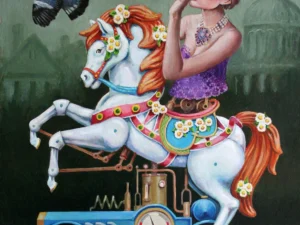Oil painting with a woman in a purple hat and bodice seated on a white mechanical horse on wheels
