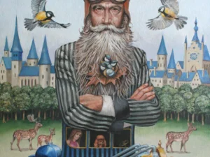 Oil painting with a frontal portrait of a bearded man in a vintage car