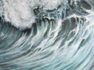 Acrylic painting with a large breaking ocean wave and foaming surf in white
