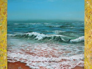 Oil painting with a seascape of blue-green waves
