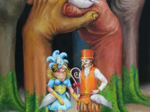 Oil painting with oversized human hands around a small white bird above two masked costumed figures and a black-and-white cat in a forest setting