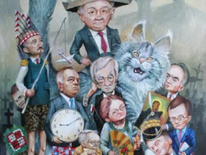 Oil painting with a dense group of caricatured human figures