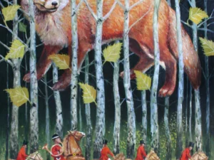 Oil painting with a large red fox among pale birch trees with yellow leaves