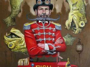 Oil painting with a central mustached man in a red uniform and black top hat standing in a small red vehicle