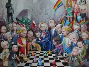 Oil painting with a crowded group of caricatured figures gathered around a black-and-white checkerboard with colored pawns