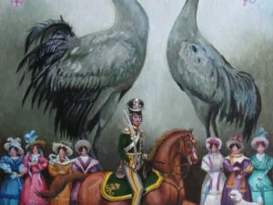 Oil painting with two large gray cranes above a mounted soldier