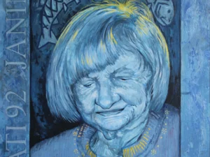 Acrylic painting with a frontal portrait of an elderly woman in blue and white tones