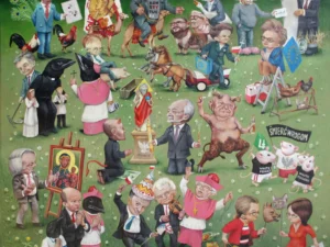 Oil painting with a crowded scene of caricatured people