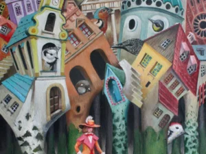 Oil painting with a crowded vertical composition of tilted houses