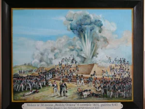 Watercolor painting with a crowded battle scene around an earthen fortification and a large central explosion in blue