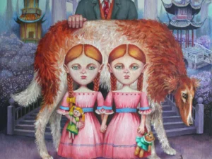 Oil painting with two girls in pink dresses standing in front of a large shaggy dog