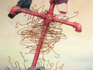 Oil painting with a black bird perched on a red pipe-like structure beside a tilted bucket form