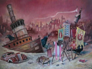 Oil painting with a tilted shipwreck