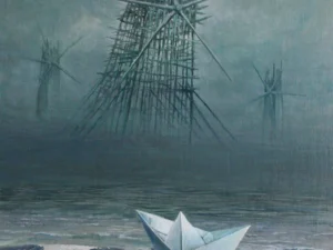 Oil painting with a white paper boat on a gray shoreline and tall spiked structures standing in misty water under a cloudy sky. The palette is dominated by gray