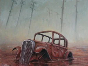 Oil painting with a rusted vintage car half-submerged in reddish water beneath tall utility poles fading into gray mist. The palette is dominated by brown