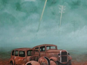 Oil painting with two rusted vintage car bodies in shallow water on a reddish shore beneath a cloudy green-blue sky
