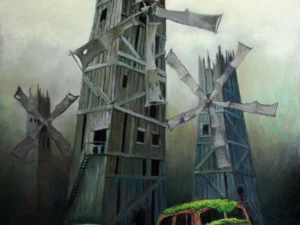 Oil painting with several tall wooden windmills behind rusted