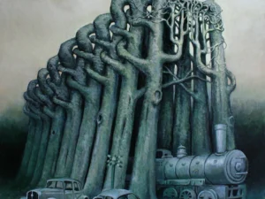 Oil painting with a cluster of tall tree-like trunks whose tops twist together above a steam locomotive and two old cars in muted blue-gray tones on canvas.