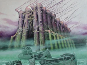 Oil painting with stranded wooden boats in choppy green water below a tall cluster of trunk-like forms