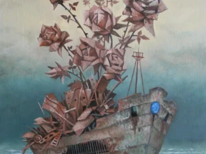 Oil painting with a rusted boat floating on blue water