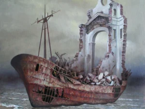 Oil painting with a rusted boat carrying a ruined white facade with arches and exposed brick in gray water under a cloudy gray sky. The palette is dominated by gray