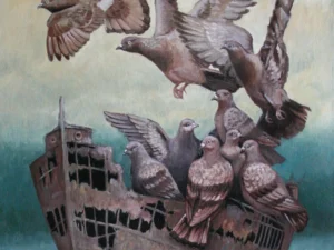 Oil painting with several pigeons flying and perched on a damaged ship in muted brown