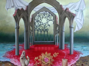 Oil painting with a ruined Gothic structure standing in water