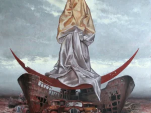 Oil painting with a draped standing figure on a wrecked ship