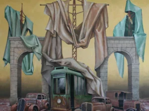 Oil painting with stone arches