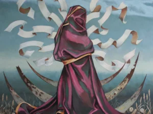 Oil painting with a hooded figure in a purple robe standing among floating white ribbon-like forms and curved horn-like shapes in a blue and gray landscape. The palette is dominated by blue