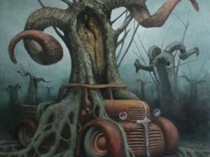 Oil painting with a horned hollow tree growing through and over an old truck in a foggy landscape