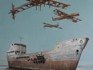 Oil painting with a rusted ship in the lower foreground and three broken aircraft structures above
