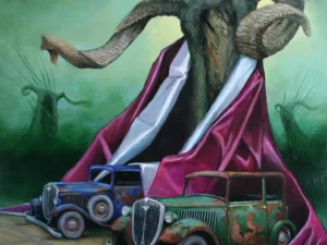 Oil painting with a horned tree-like figure draped in magenta and white cloth behind two old cars in green
