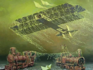 Oil painting with a large dark airship covered in pale web-like lines above two rust-colored locomotives and a small paper boat in shallow water