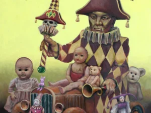 Oil painting with a seated figure in a harlequin costume on a toy car