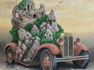 Oil painting with a vintage car merged with a rocky house-like structure