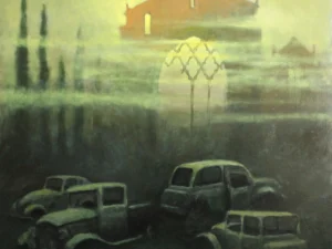 Oil painting with several vintage cars in a dark foreground and a glowing building on a hill in misty green