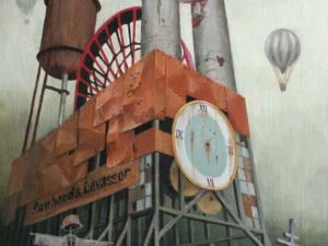 Oil painting with a tall industrial structure made of chimneys