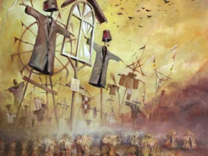 Oil painting with scarecrow-like figures made of poles