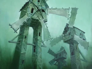 Oil painting with several tall wooden windmills made of rough planks and torn sails