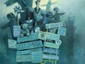 Oil painting with a stacked composition of mannequin-like figures