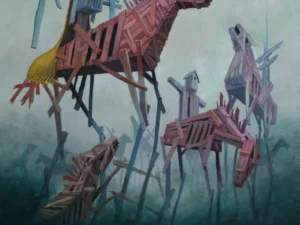 Oil painting with several towering animal-like structures made of wooden slats in pink