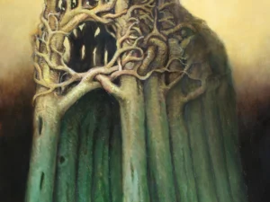Oil painting with a monumental tree-like form made of intertwined branches and tall green trunks