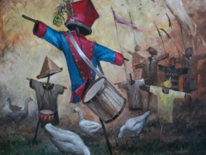 Oil painting with a scarecrow-like figure in a red hat and blue coat holding a drum