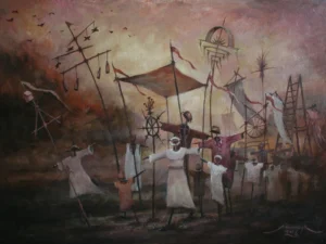 Oil painting with a group of stylized human figures among poles