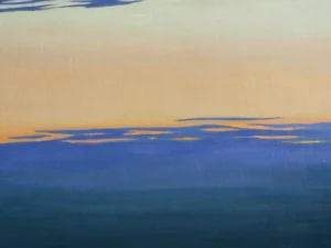 Oil painting with a seascape composed of horizontal bands of blue water
