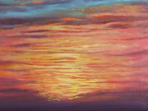 Oil painting with a sunset sky reflected on water in pink